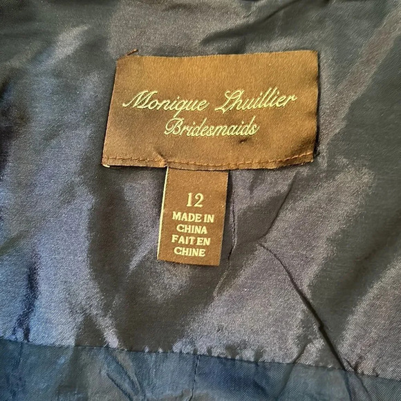Monique Lhuillier Bridesmaids sz 12 navy color strapless midi length great cond - Picture 7 of 9